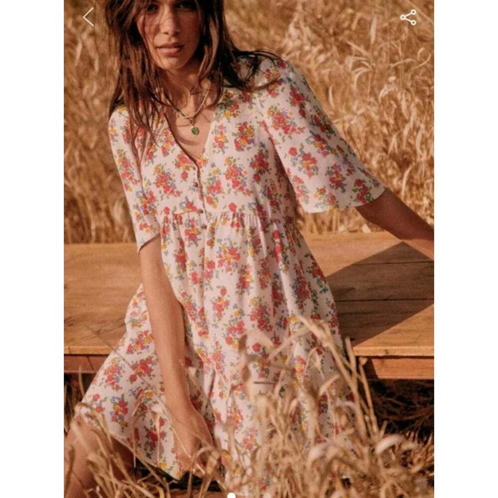 Sézane Floral Mini Dress Cream Button Front Babydoll Cottagecore 36 Small